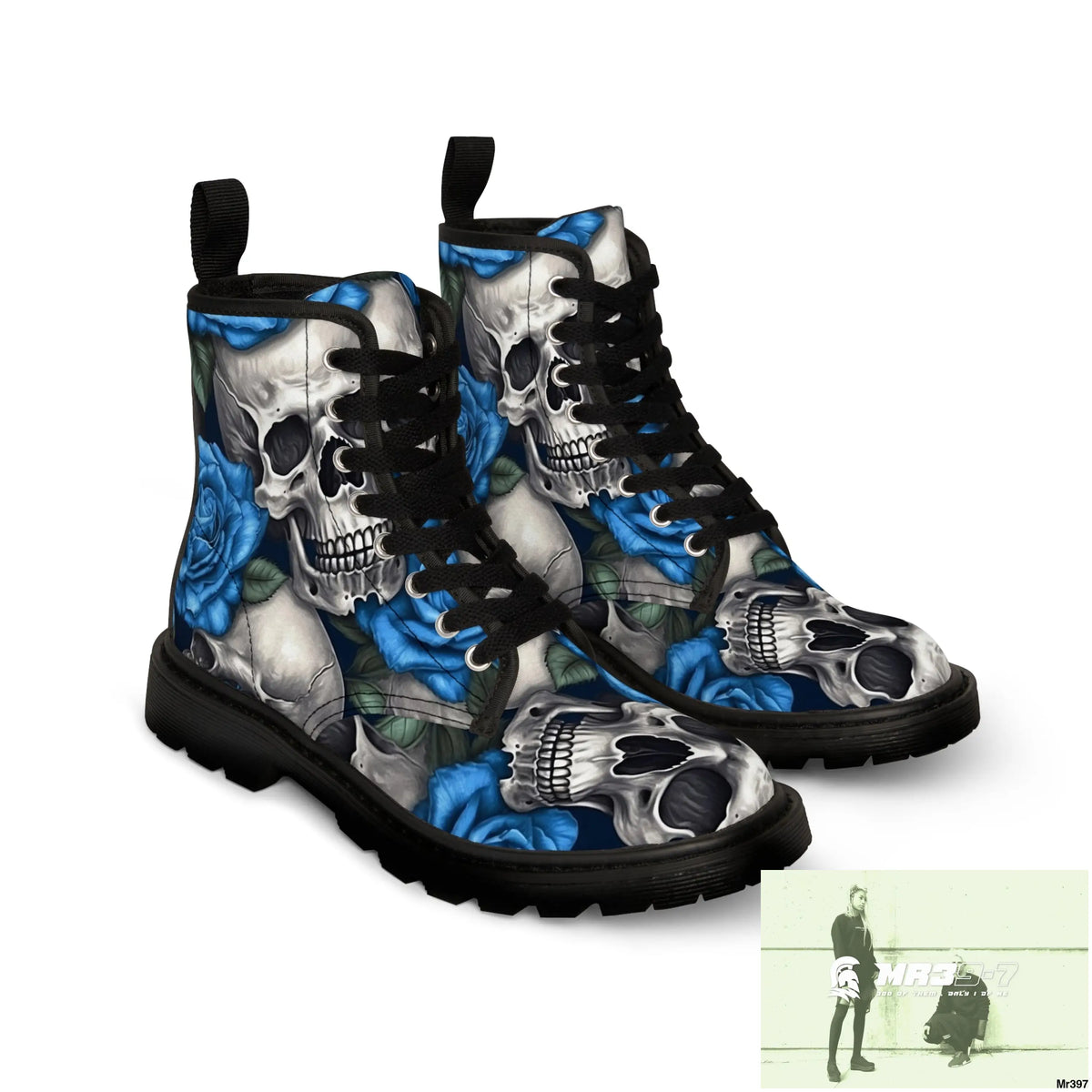 Gothic Skull and Blue Roses Canvas Boots AOP Shoes