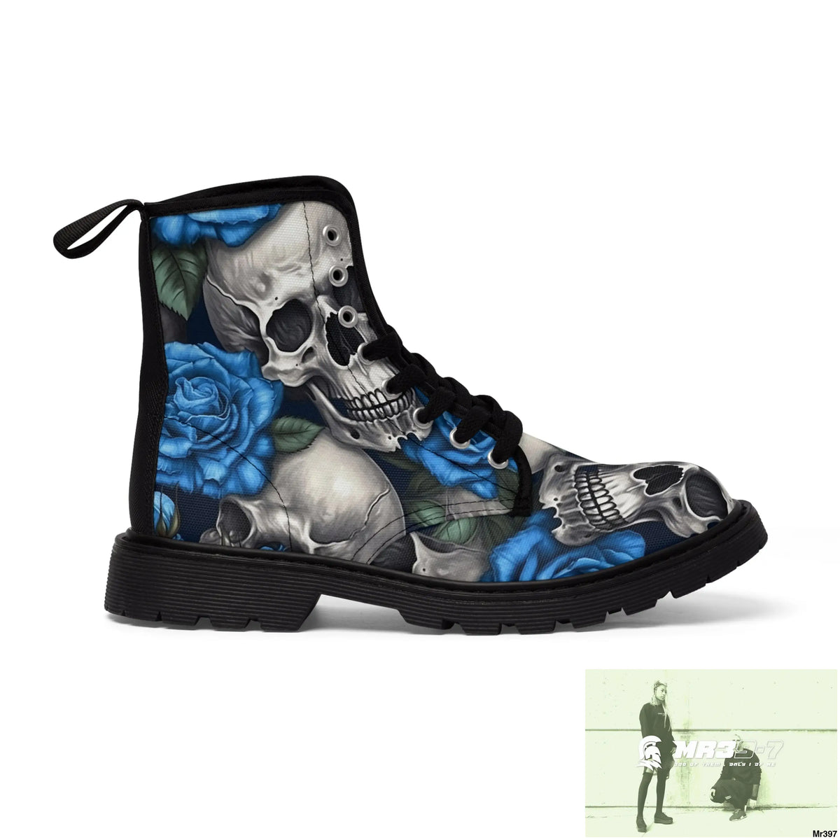 Gothic Skull and Blue Roses Canvas Boots AOP Shoes