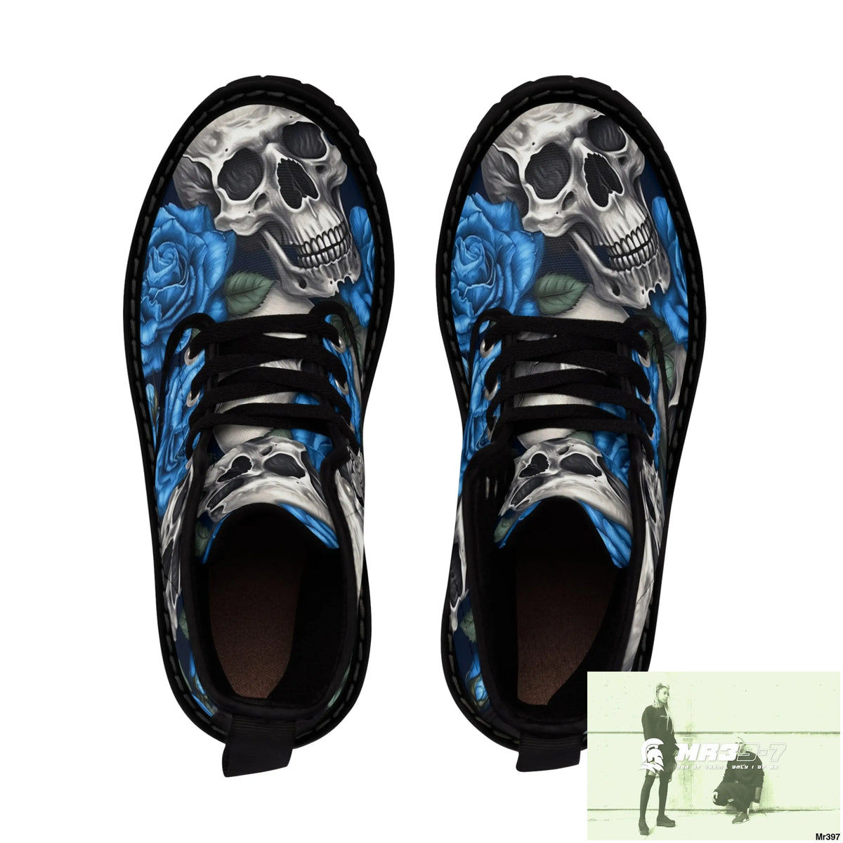 Gothic Skull and Blue Roses Canvas Boots AOP Shoes