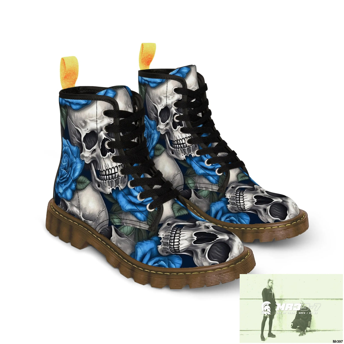 Gothic Skull and Blue Roses Canvas Boots AOP Shoes