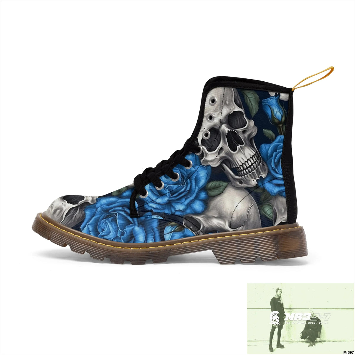 Gothic Skull and Blue Roses Canvas Boots AOP Shoes