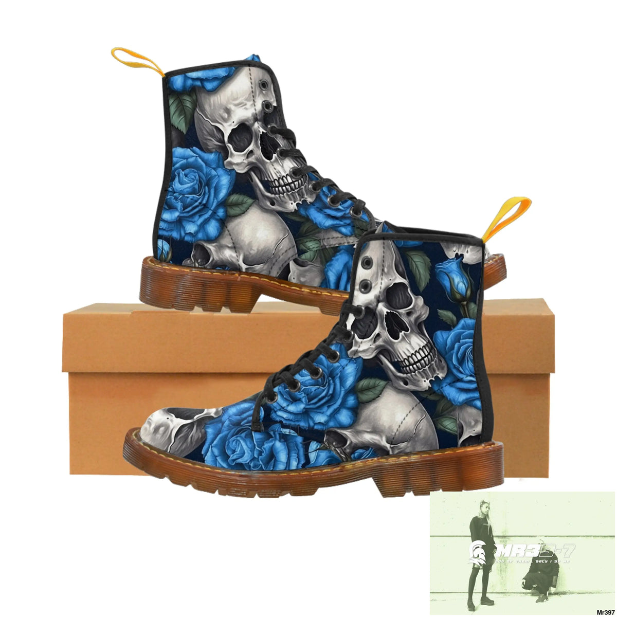 Gothic Skull and Blue Roses Canvas Boots AOP US 7 / Brown sole Shoes