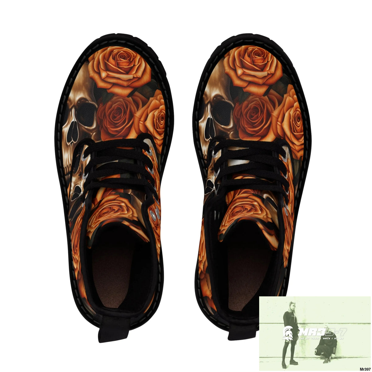 Gothic Skull and Orange Roses Canvas Boots AOP Shoes