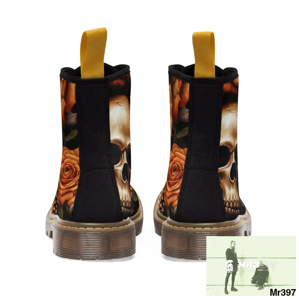 Gothic Skull and Orange Roses Canvas Boots AOP Shoes