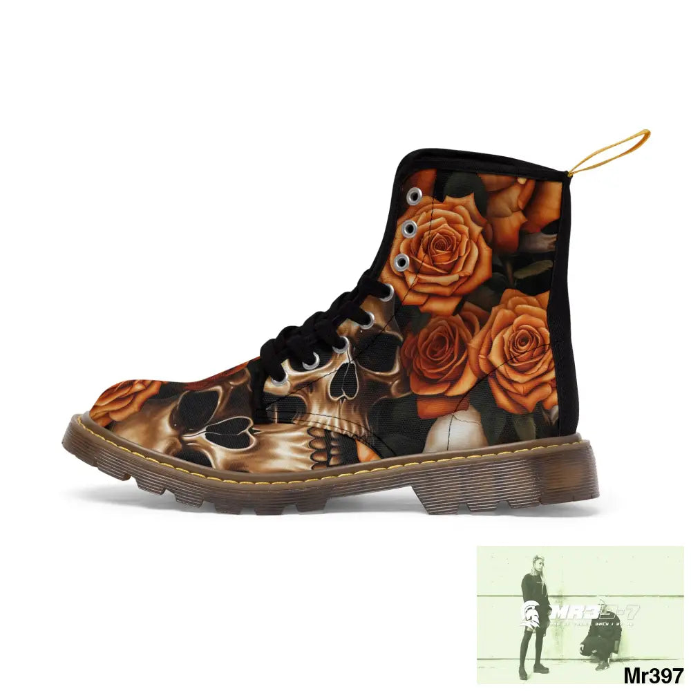 Gothic Skull and Orange Roses Canvas Boots AOP Shoes