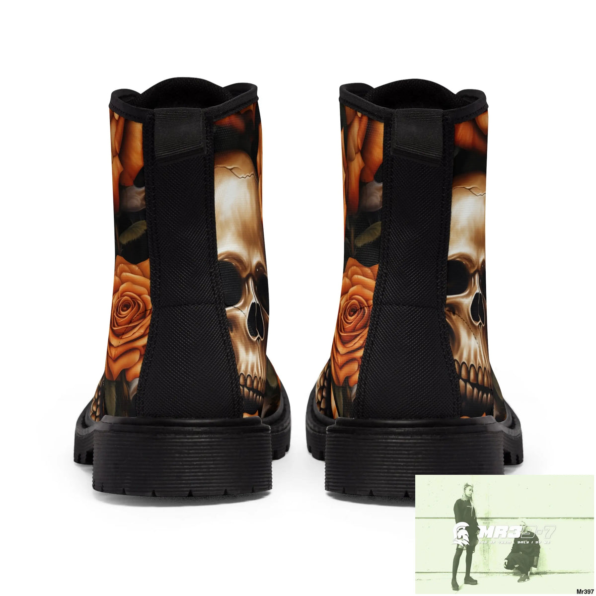 Gothic Skull and Orange Roses Canvas Boots AOP Shoes