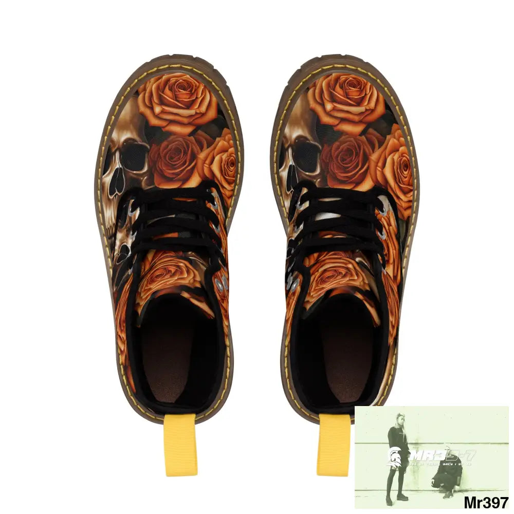 Gothic Skull and Orange Roses Canvas Boots AOP Shoes