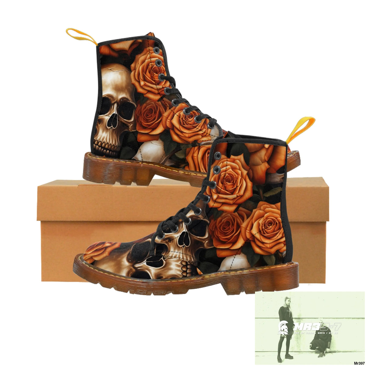 Gothic Skull and Orange Roses Canvas Boots AOP Shoes