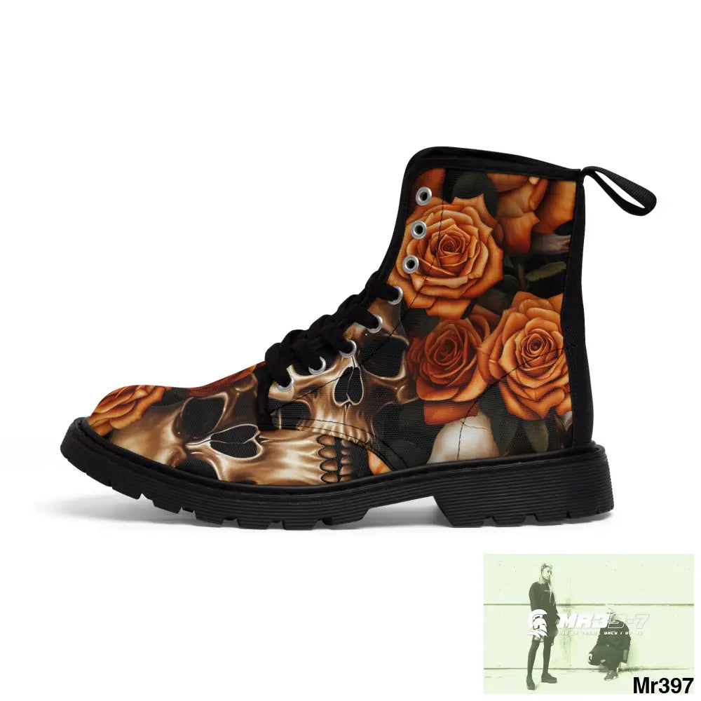 Gothic Skull and Orange Roses Canvas Boots AOP Shoes