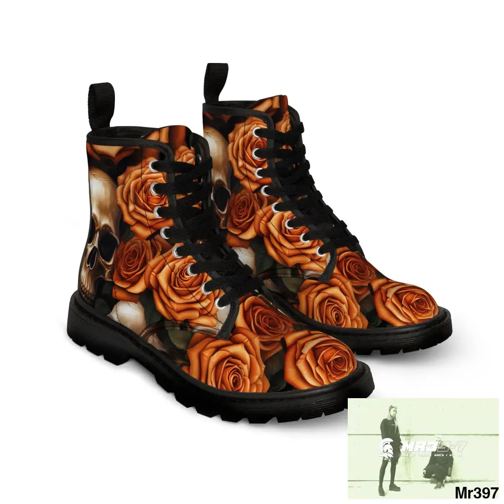 Gothic Skull and Orange Roses Canvas Boots AOP Shoes