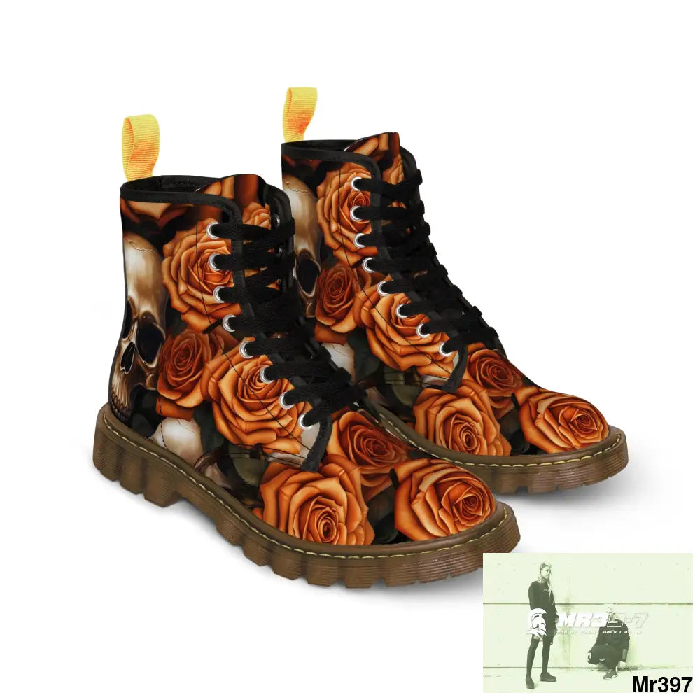 Gothic Skull and Orange Roses Canvas Boots AOP Shoes