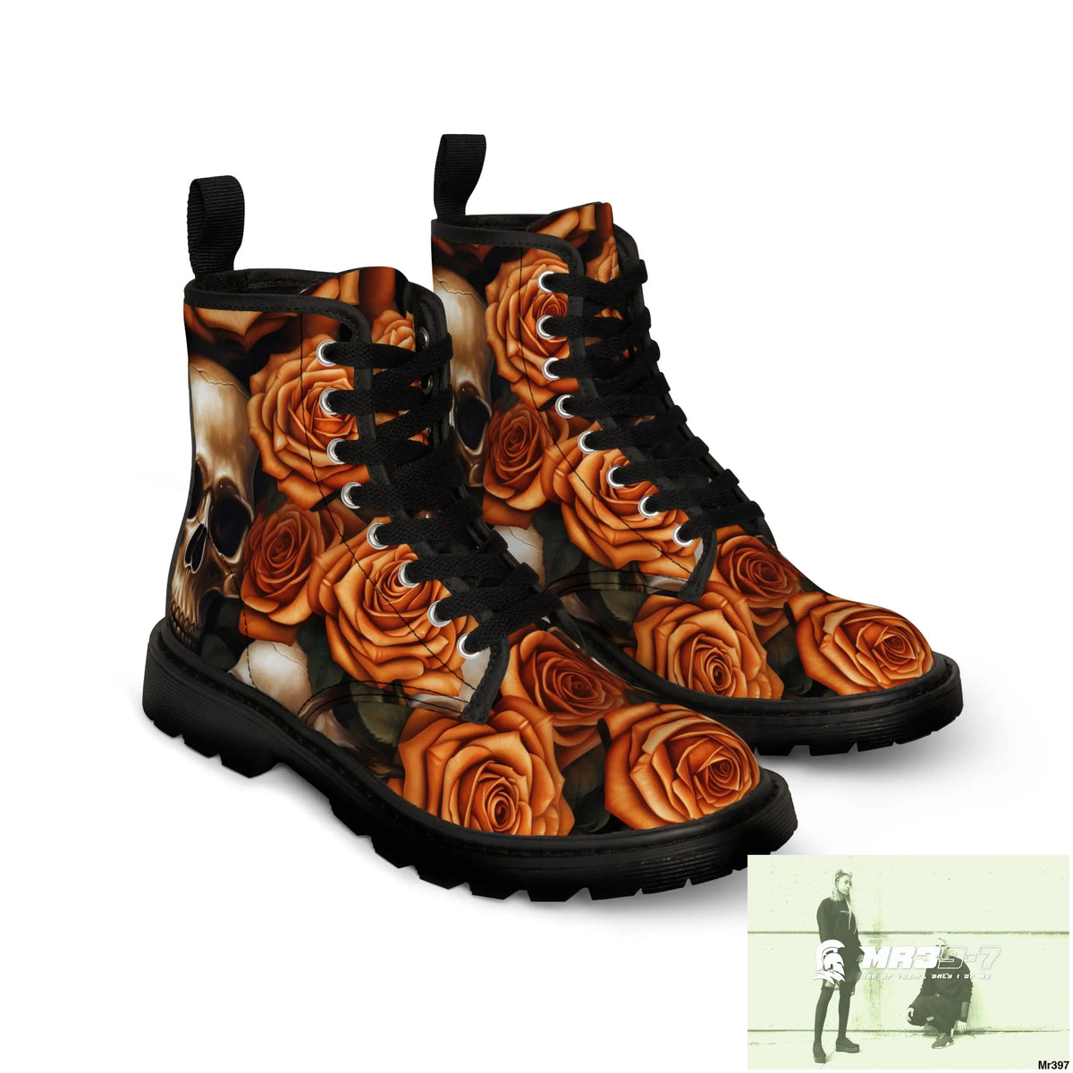 Gothic Skull and Orange Roses Canvas Boots AOP Shoes