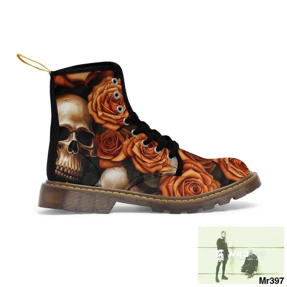 Gothic Skull and Orange Roses Canvas Boots AOP Shoes