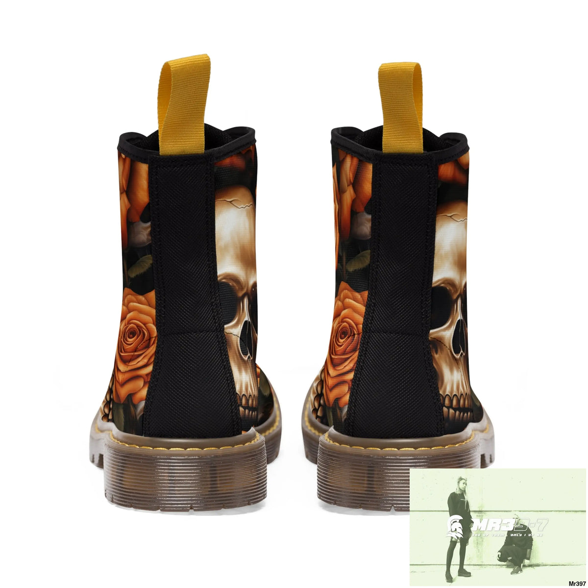 Gothic Skull and Orange Roses Canvas Boots AOP Shoes