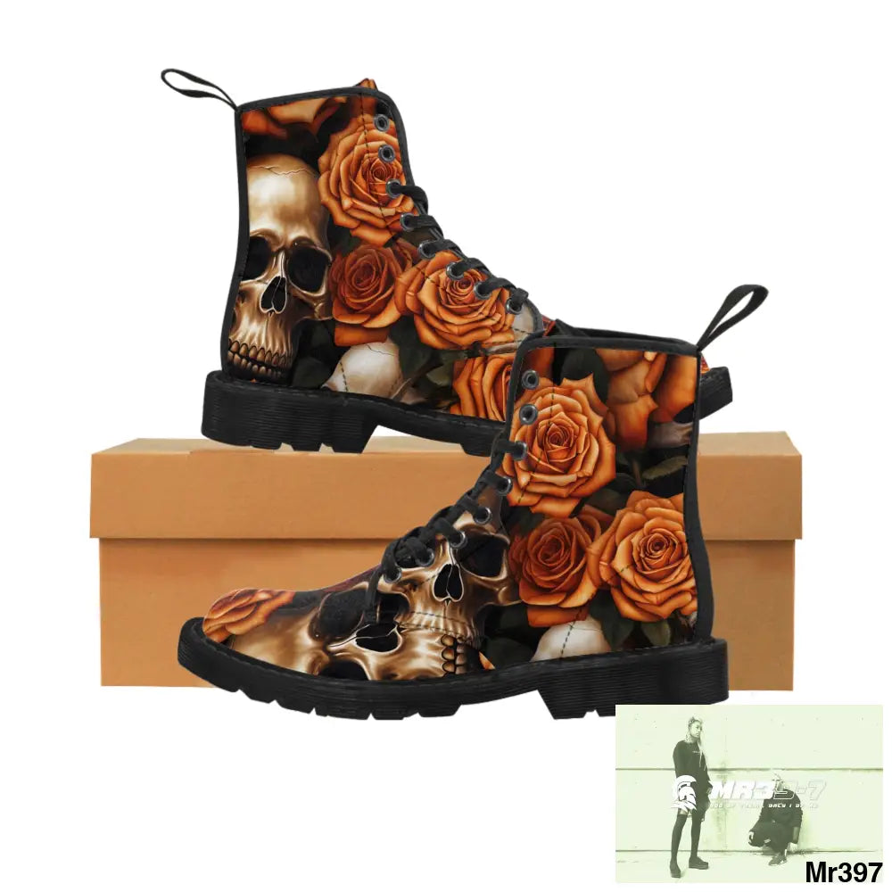 Gothic Skull and Orange Roses Canvas Boots AOP Shoes