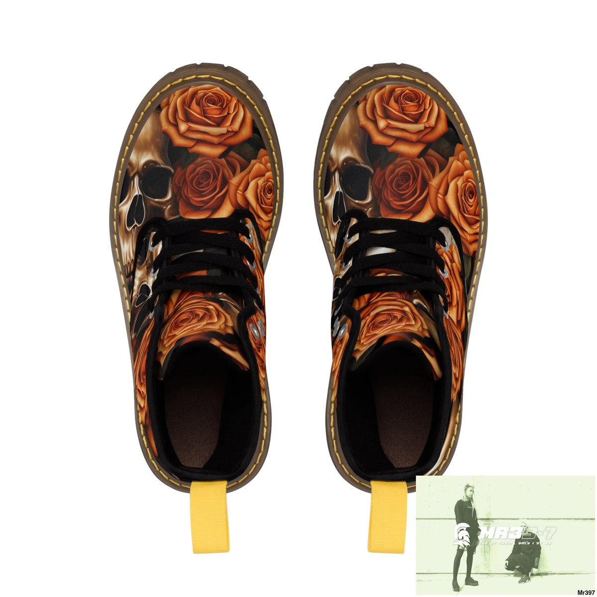 Gothic Skull and Orange Roses Canvas Boots AOP Shoes