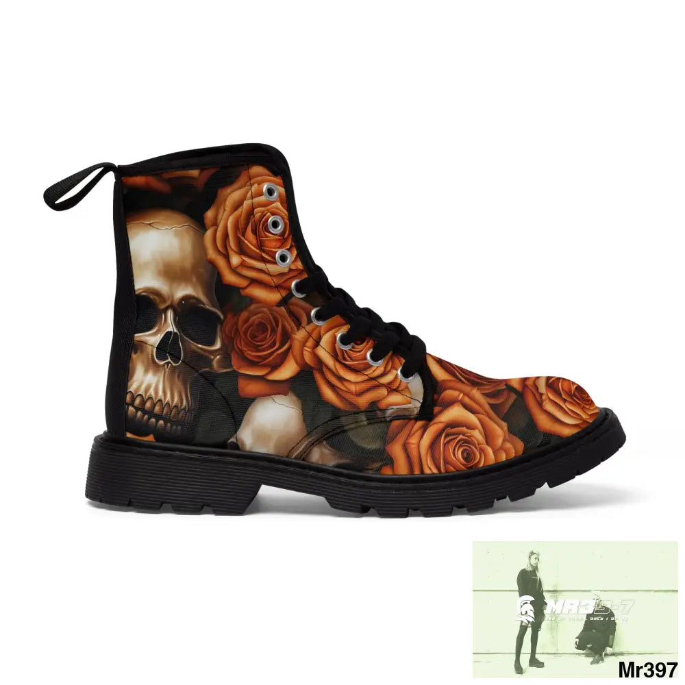 Gothic Skull and Orange Roses Canvas Boots AOP US 7 / Black sole Shoes