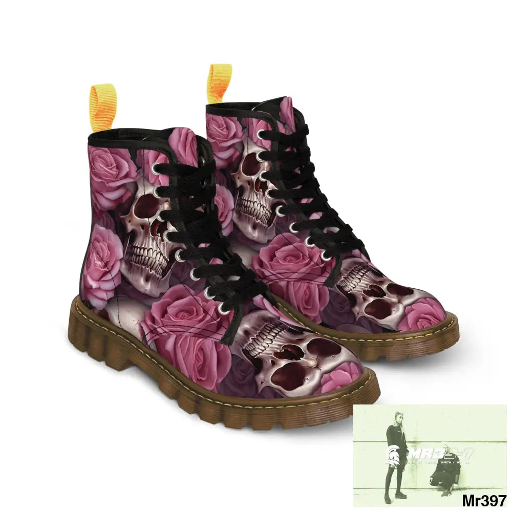 Gothic Skull and Pink Roses Canvas Boots AOP Shoes