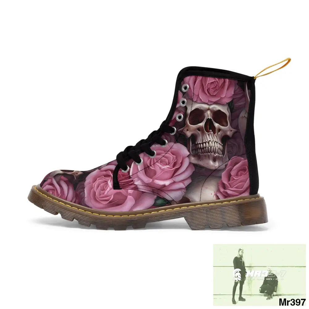 Gothic Skull and Pink Roses Canvas Boots AOP Shoes