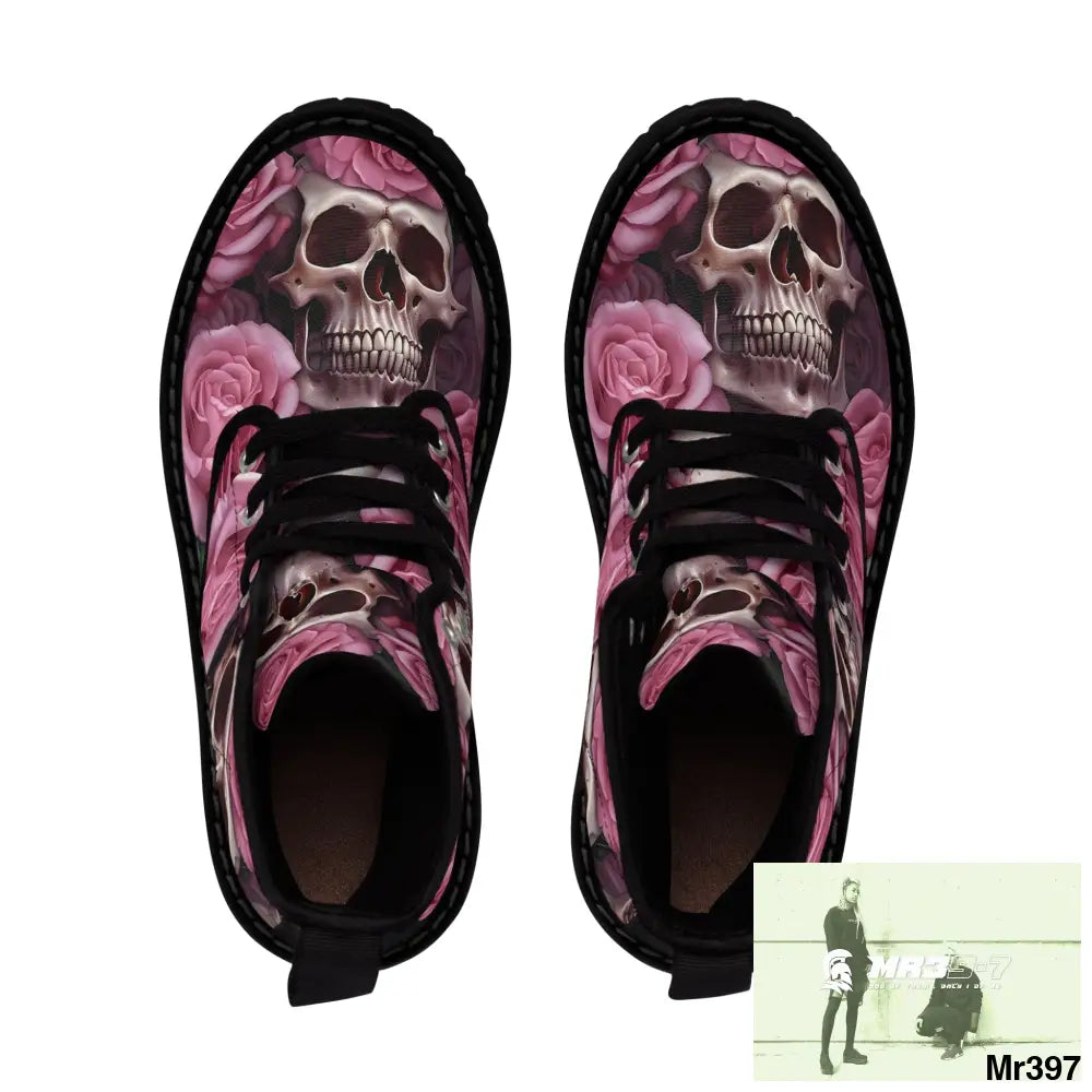 Gothic Skull and Pink Roses Canvas Boots AOP Shoes