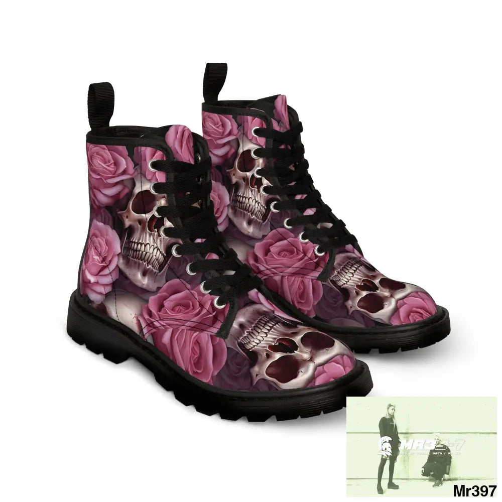 Gothic Skull and Pink Roses Canvas Boots AOP Shoes