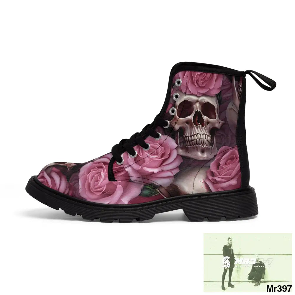 Gothic Skull and Pink Roses Canvas Boots AOP Shoes