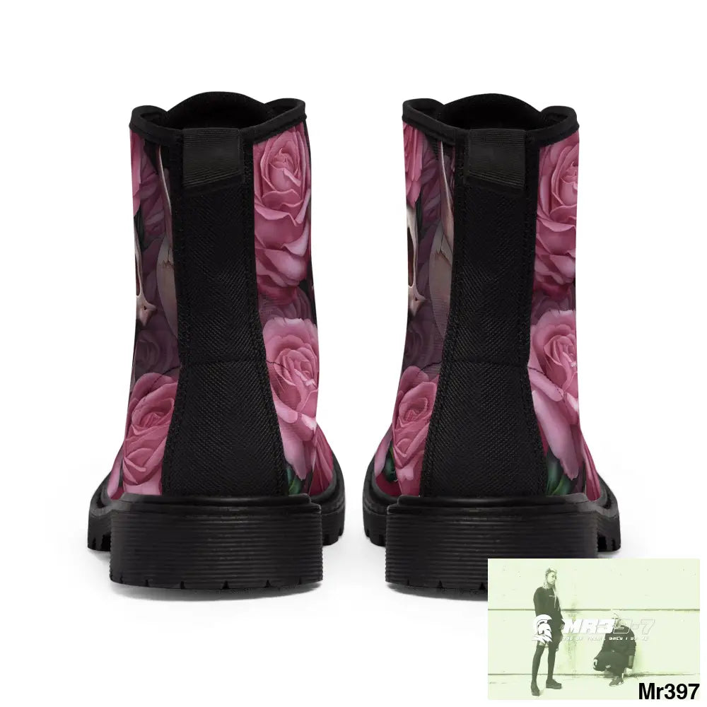 Gothic Skull and Pink Roses Canvas Boots AOP Shoes