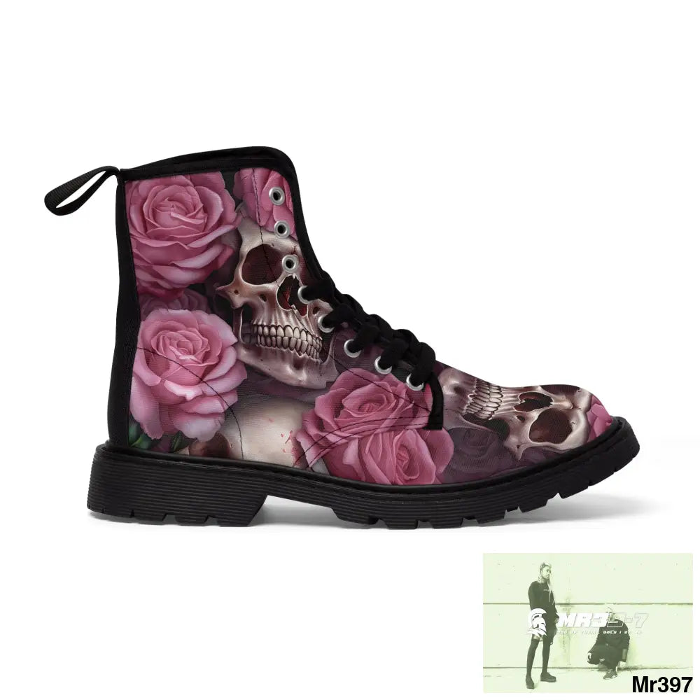Gothic Skull and Pink Roses Canvas Boots AOP Shoes