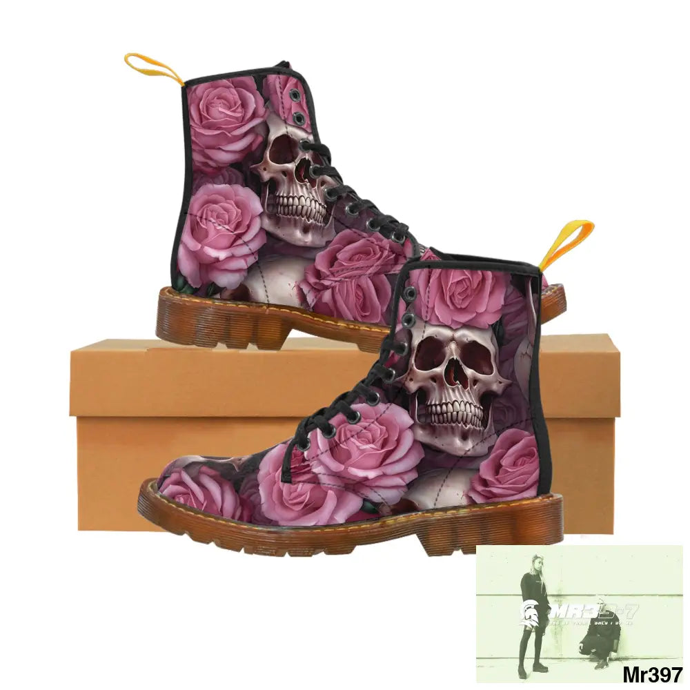 Gothic Skull and Pink Roses Canvas Boots AOP Shoes