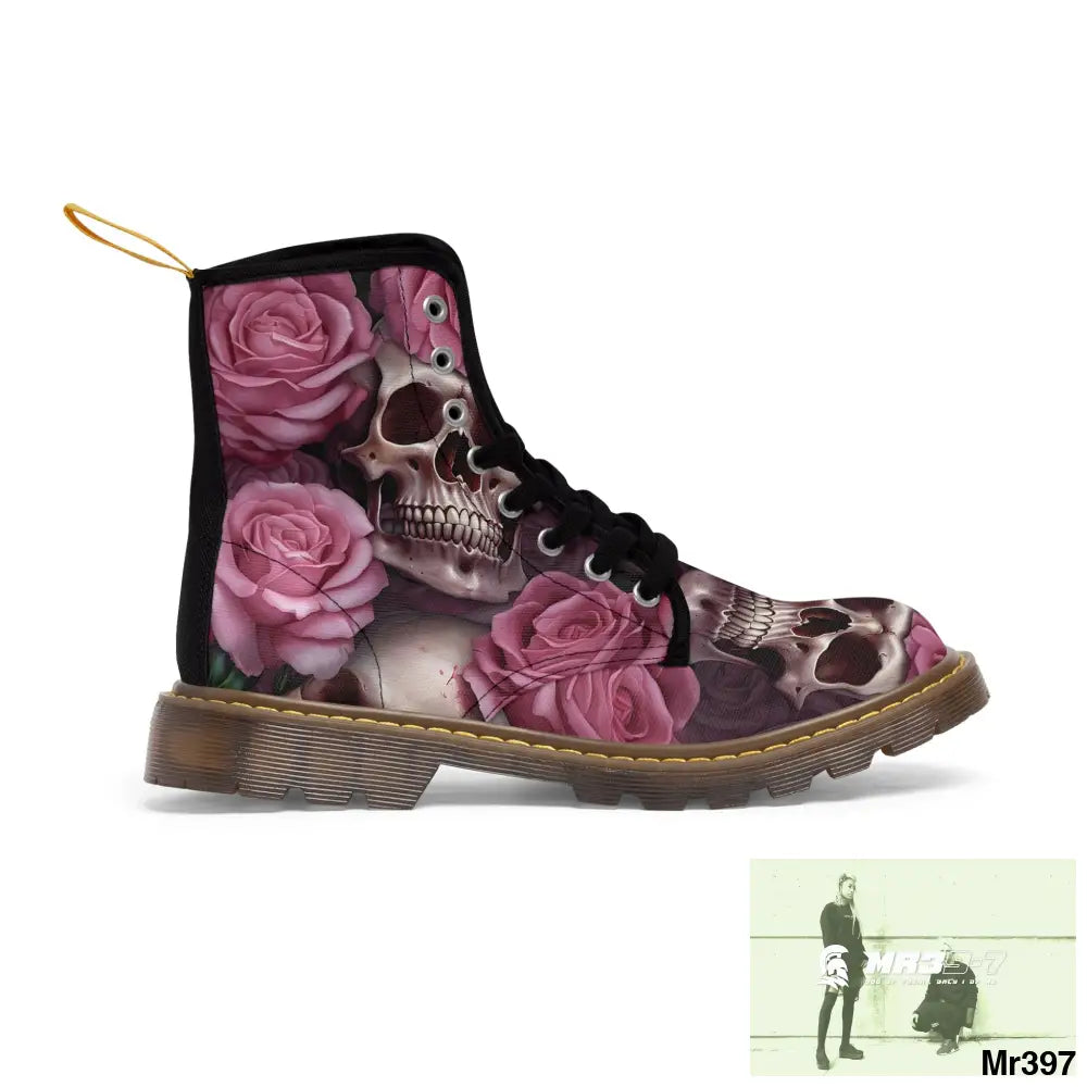 Gothic Skull and Pink Roses Canvas Boots AOP Shoes