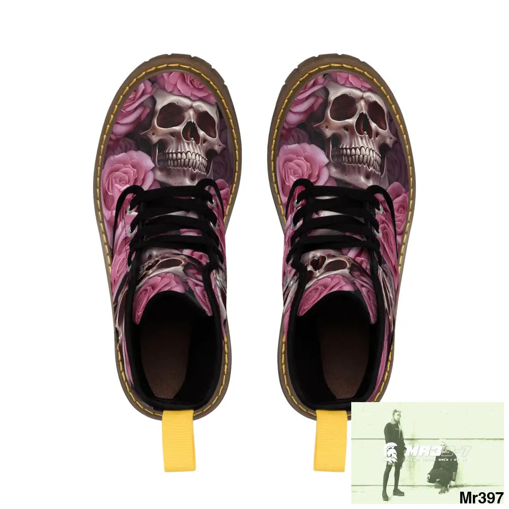 Gothic Skull and Pink Roses Canvas Boots AOP Shoes