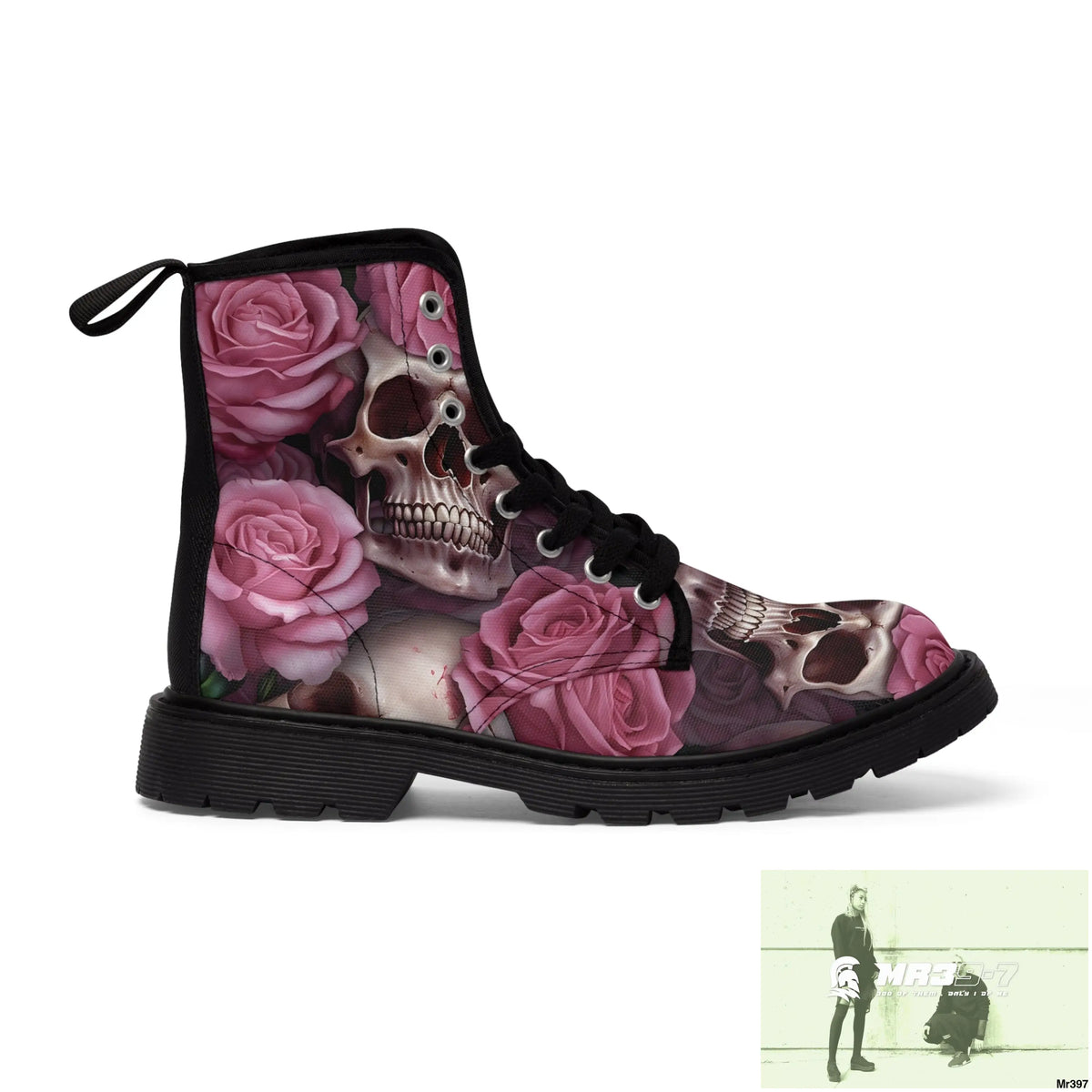 Gothic Skull and Pink Roses Canvas Boots AOP US 7 / Black sole Shoes