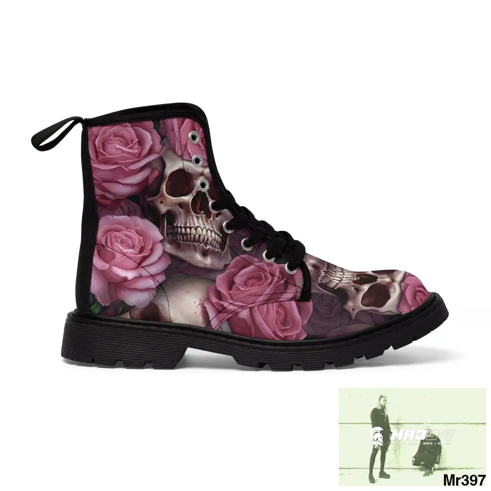 Gothic Skull and Pink Roses Canvas Boots AOP US 7 / Black sole Shoes