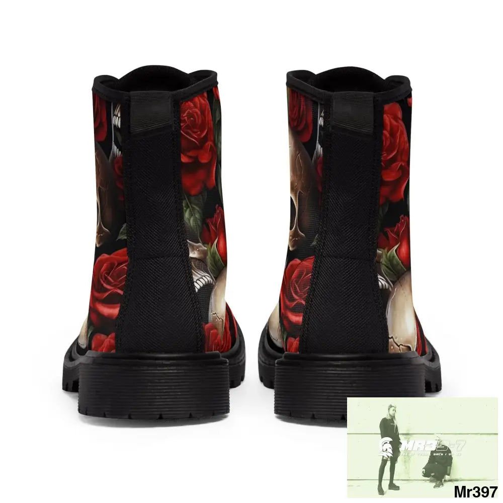 Gothic Skull and Red Roses Canvas Boots AOP Shoes