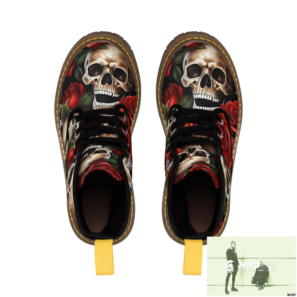Gothic Skull and Red Roses Canvas Boots AOP Shoes