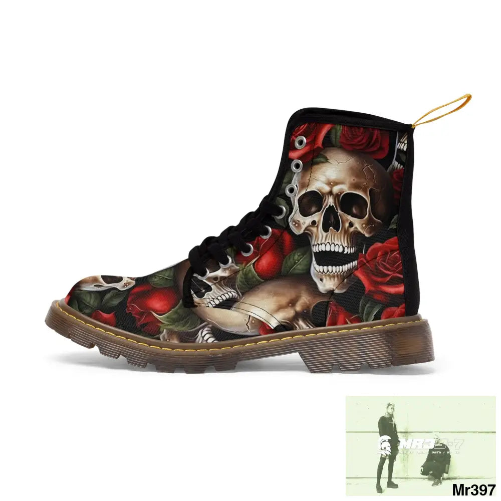 Gothic Skull and Red Roses Canvas Boots AOP Shoes