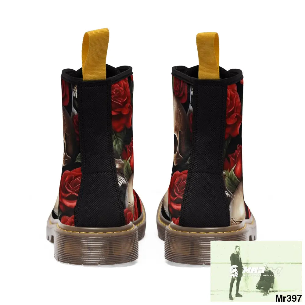 Gothic Skull and Red Roses Canvas Boots AOP Shoes