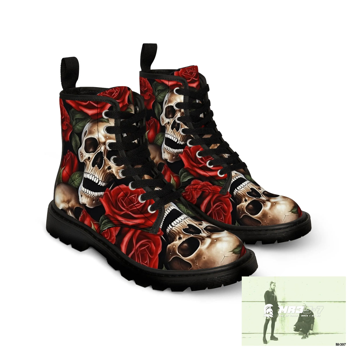 Gothic Skull and Red Roses Canvas Boots AOP Shoes