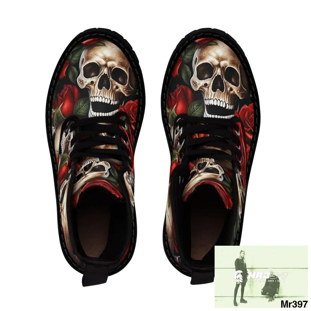 Gothic Skull and Red Roses Canvas Boots AOP Shoes