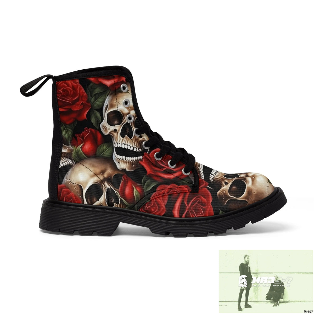 Gothic Skull and Red Roses Canvas Boots AOP Shoes