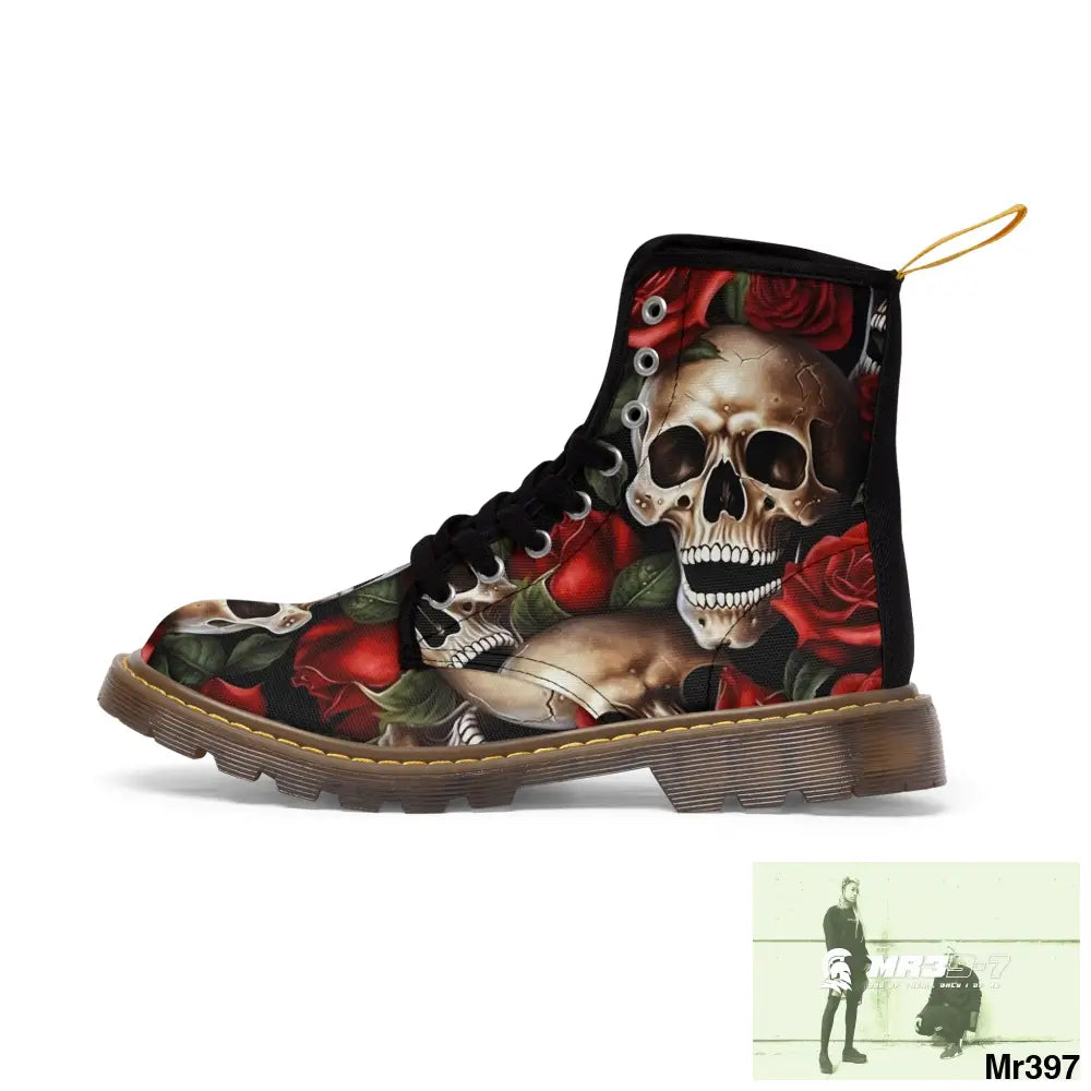 Gothic Skull and Red Roses Canvas Boots AOP Shoes