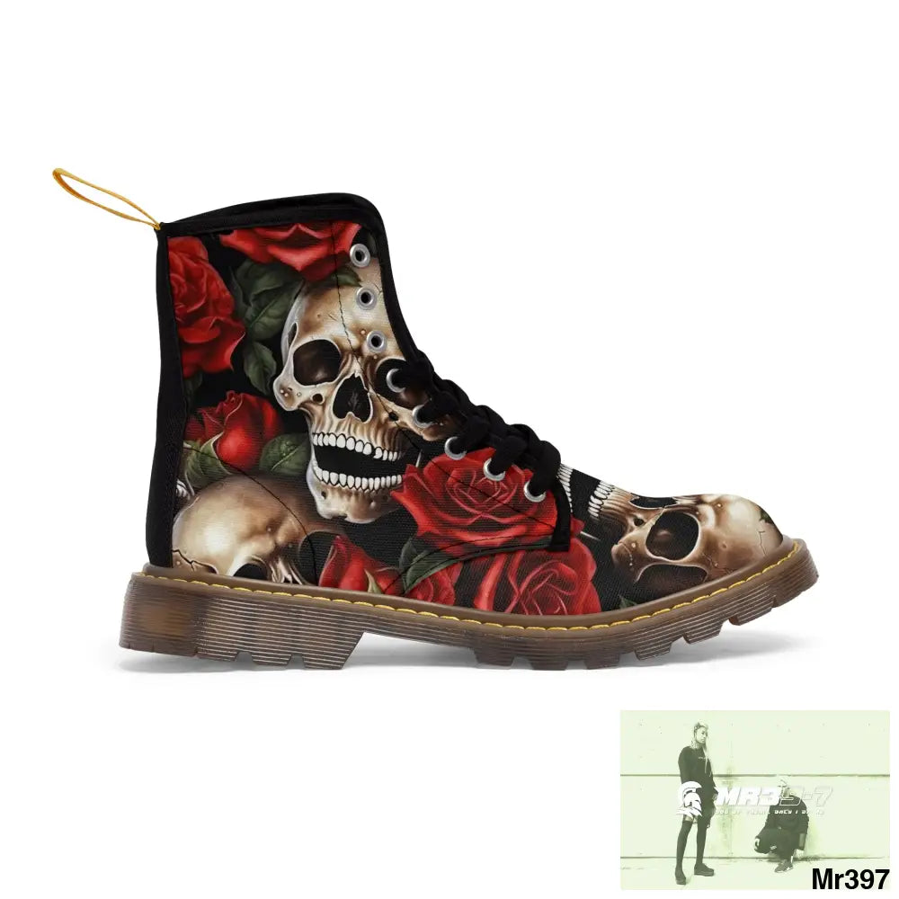 Gothic Skull and Red Roses Canvas Boots AOP Shoes