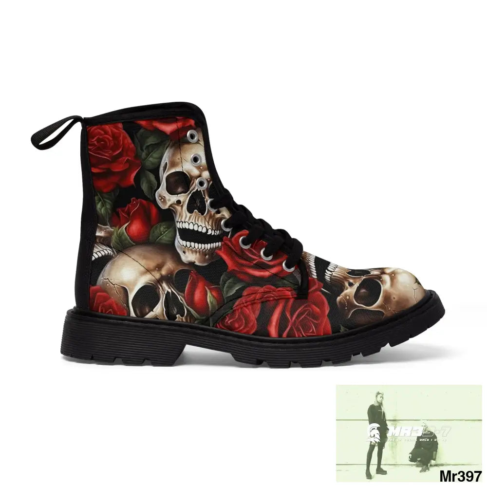 Gothic Skull and Red Roses Canvas Boots AOP Shoes