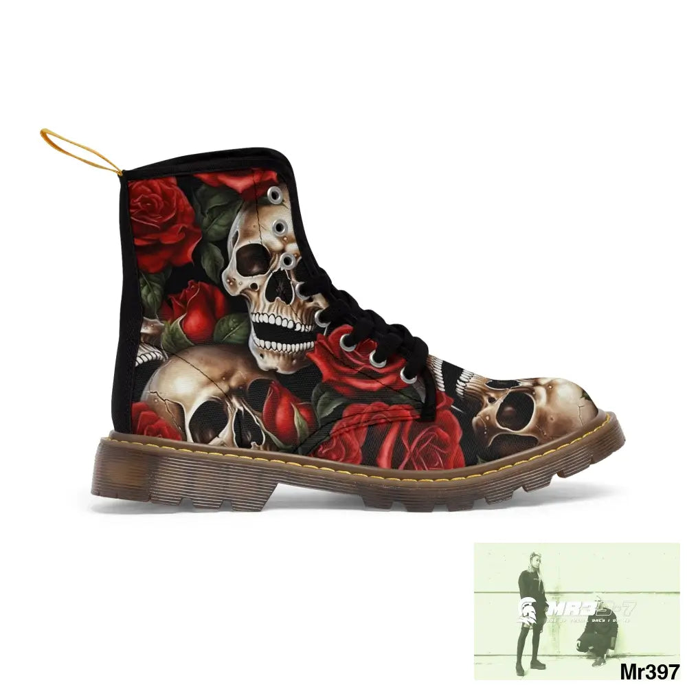 Gothic Skull and Red Roses Canvas Boots AOP Shoes