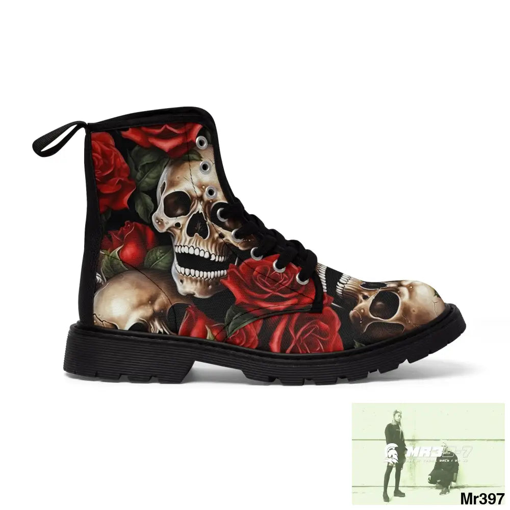 Gothic Skull and Red Roses Canvas Boots AOP Shoes