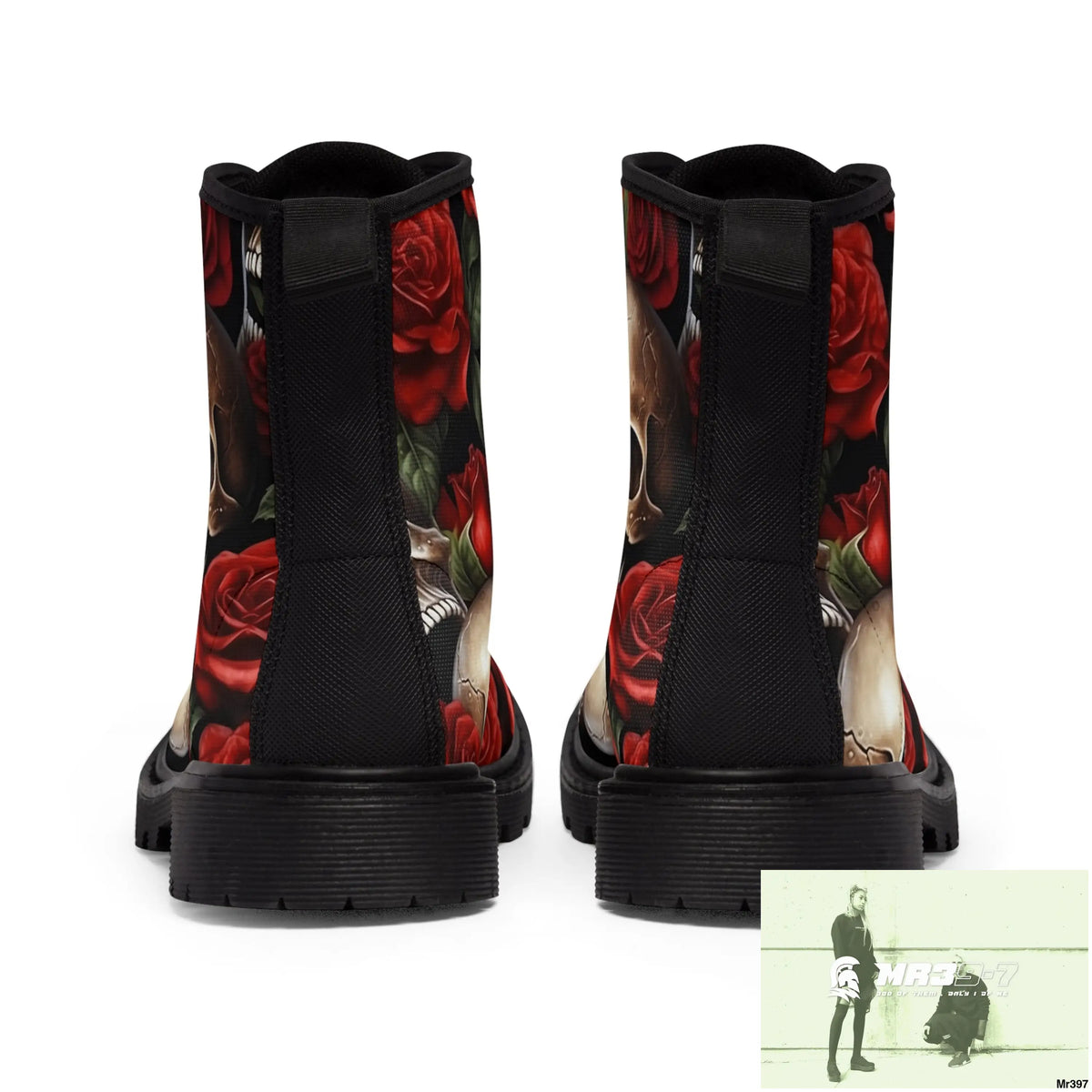 Gothic Skull and Red Roses Canvas Boots AOP Shoes