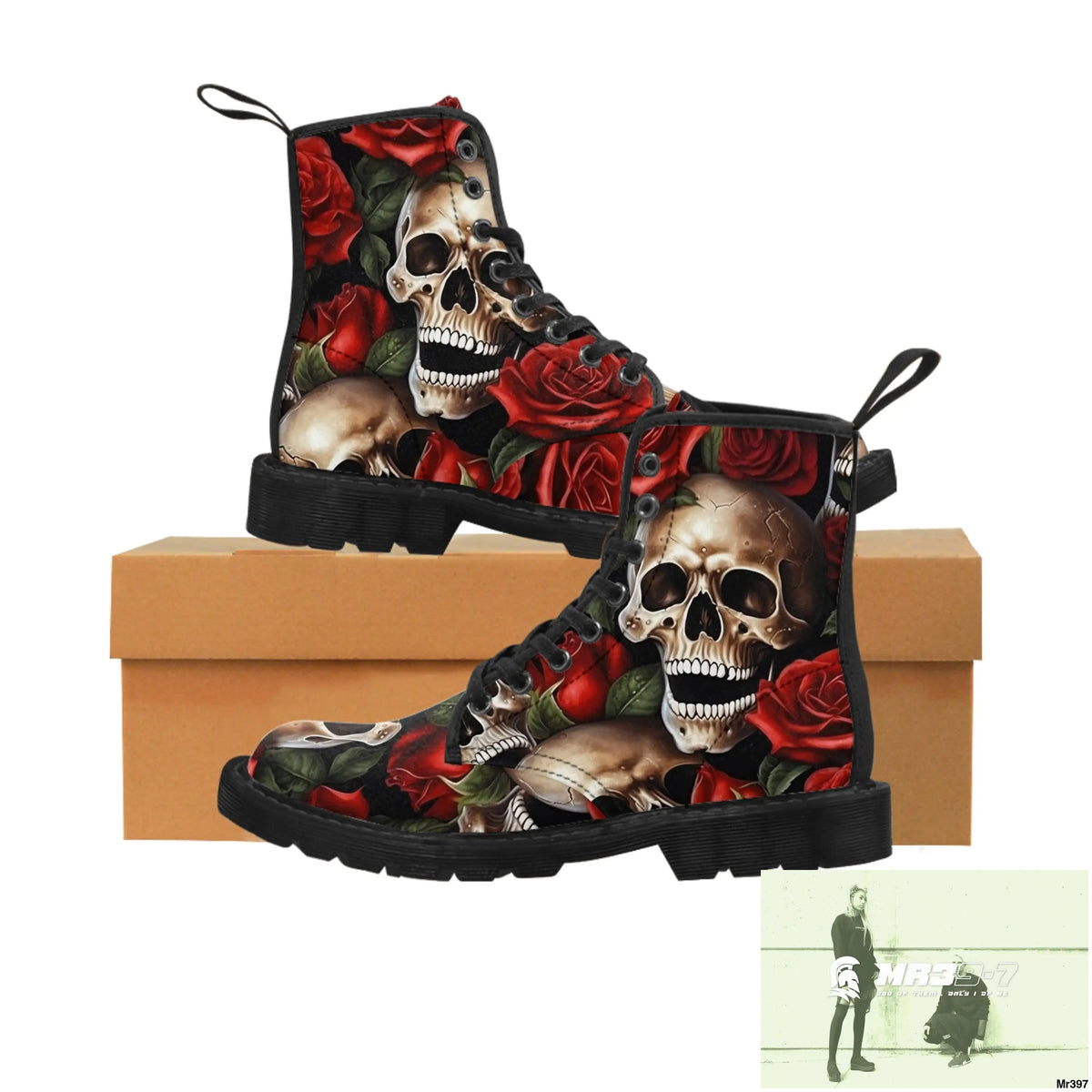 Gothic Skull and Red Roses Canvas Boots AOP US 7 / Black sole Shoes