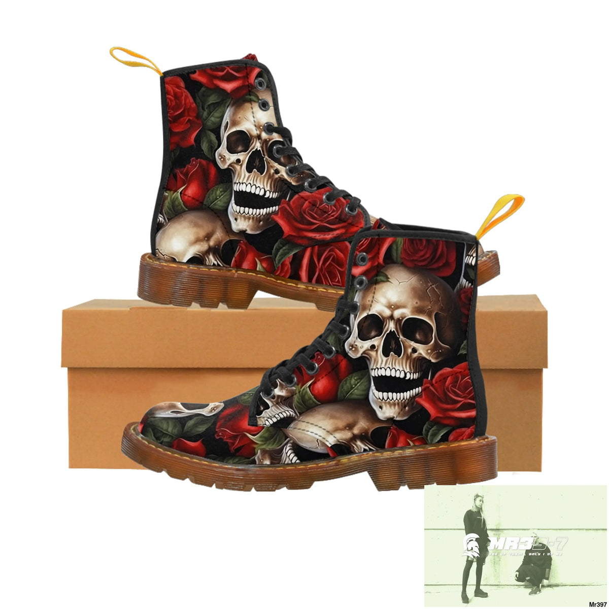Gothic Skull and Red Roses Canvas Boots AOP US 7 / Brown sole Shoes