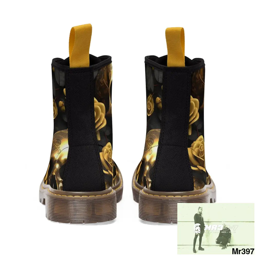 Gothic Skull and White Roses Canvas Boots AOP Shoes