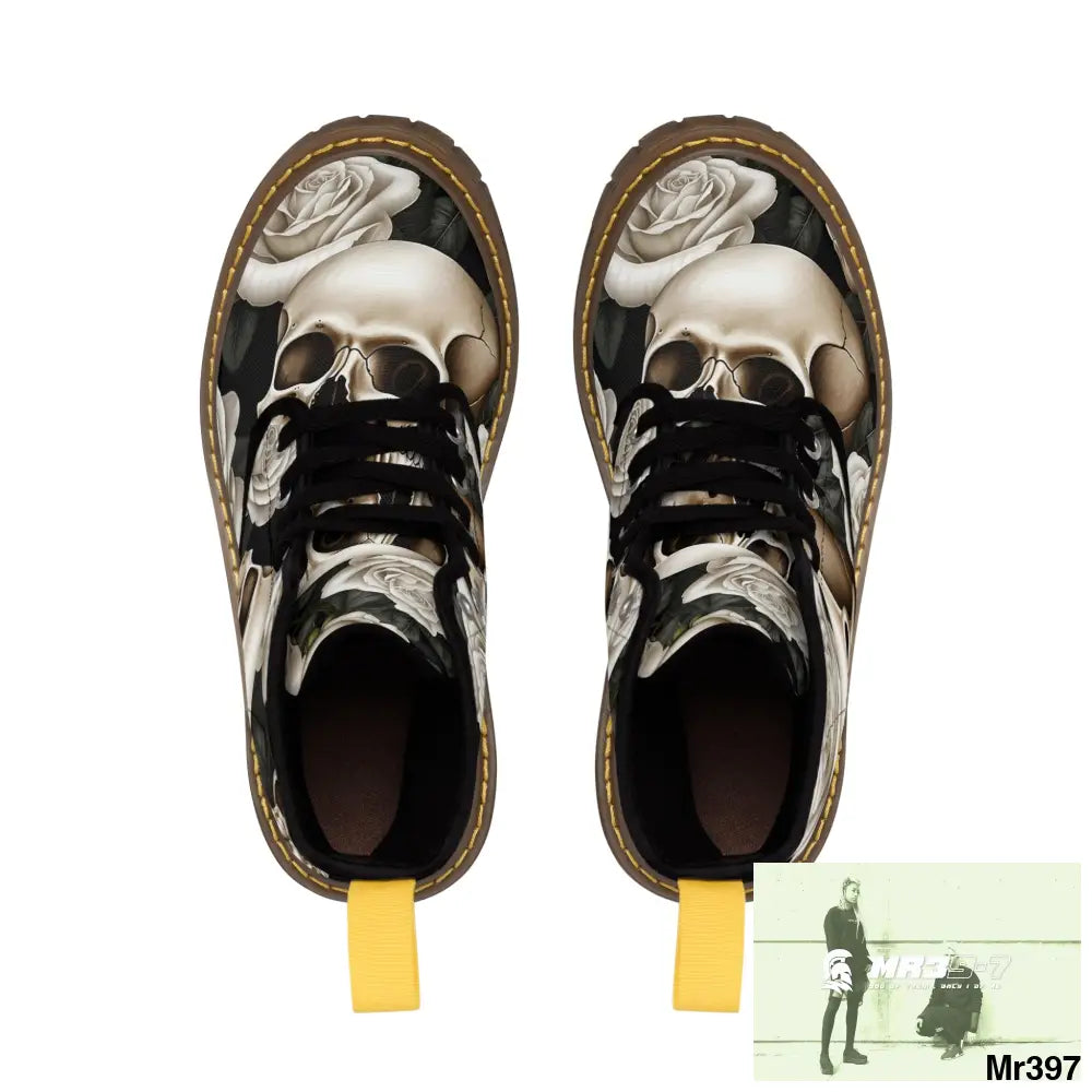 Gothic Skull and White Roses Canvas Boots AOP Shoes